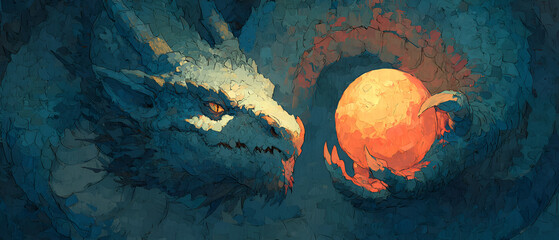 Fantasy Dragon with Blue Scales Roaring Near Orange Sun in Dark Night Sky