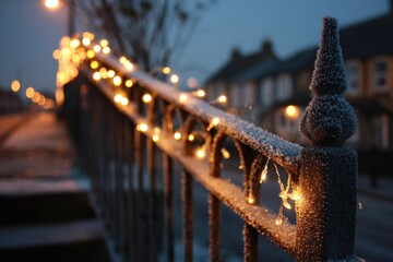 Frosted Iron Fence with Christmas Lights in Winter Evening Glow
