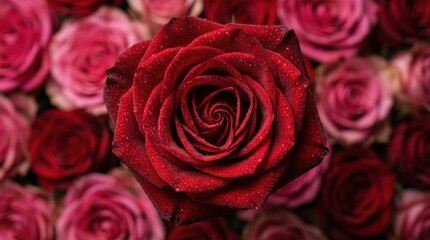 Close-up of a vibrant red rose with water droplets, centered against a soft bokeh background of pink roses