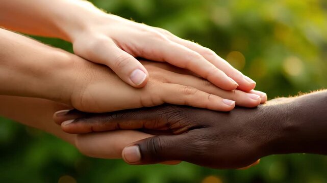 A stack of diverse hands together against a blurred green background represents unity, collaboration, and teamwork. Highlighting skin tones, and a sense of togetherness.