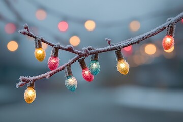 Frosted Colorful Lights Hanging on a Branch in Winter Atmosphere