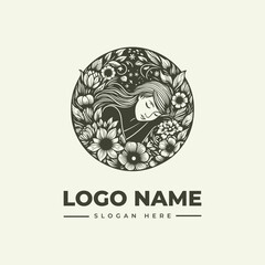 Naklejka premium A minimalist logo illustration of a woman's face surrounded by flowers and leaves in a circular icon design with a placeholder name and slogan.