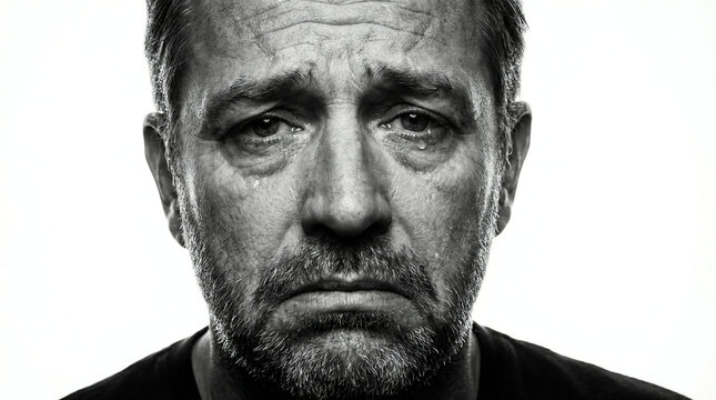 A portrait of a man shedding tears, conveying deep sadness and vulnerability