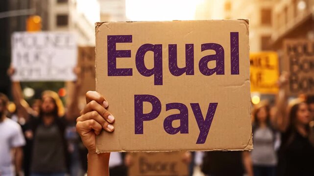 Elevated view of a crowd protesting for equal pay, holding up signs on a city street with blurred background and sunlight. 