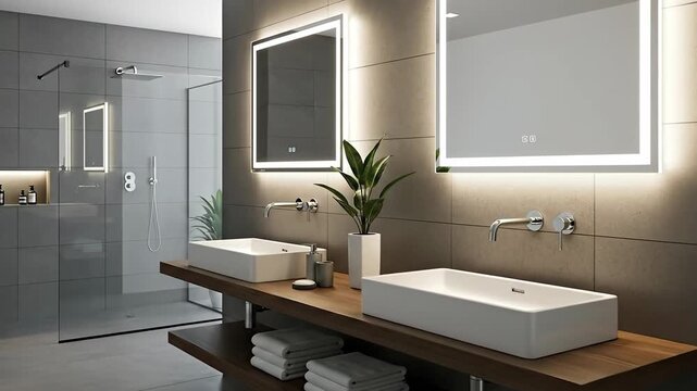 Sleek, modern bathroom with double sinks and elegant decor.