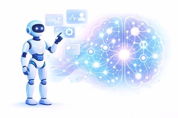AI robot interacts with digital brain and data interfaces