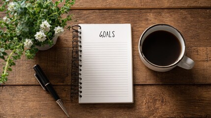 goals list with notebook, coffee cup, plant on wooden table. Resolutions, plan, goals, action, checklist, idea, notebook, wood, book, paper, nature, desk, business, spring, summer