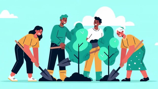 Four people planting trees in a flat design vector style animation with 2D animation and motion graphics footage in a corporate style environment from a flat lay viewpoint