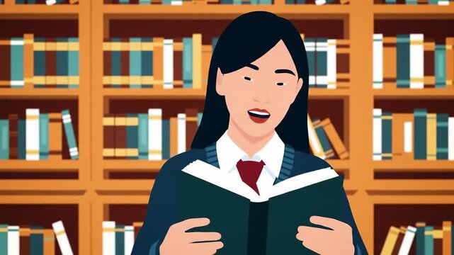 Animated 2D animation of a student reading a book in a library with Vector Style and Flat Design elements in a Corporate style environment