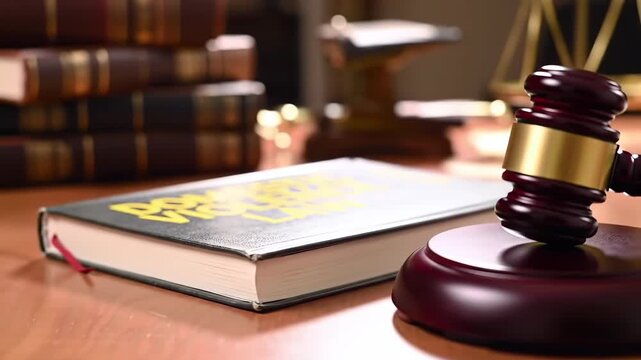 A gavel rests on a book with law books stacked behind and a gold scales of justice on a wooden table. Soft lighting in the courtroom.