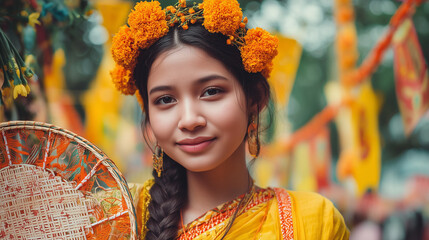 A young Bengali woman celebrating Pohela Falgun in Bangladesh with traditional attire and floral accessories