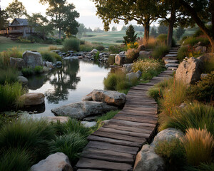 Serene Natural Landscape with Wooden Pathway and Water Stream in Garden Setting