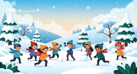 Fototapeta premium Joyful Winter Play: Children engage in a playful snowball fight amidst a snowy landscape, constructing a snowman, embodying the joy and camaraderie of a winter wonderland.