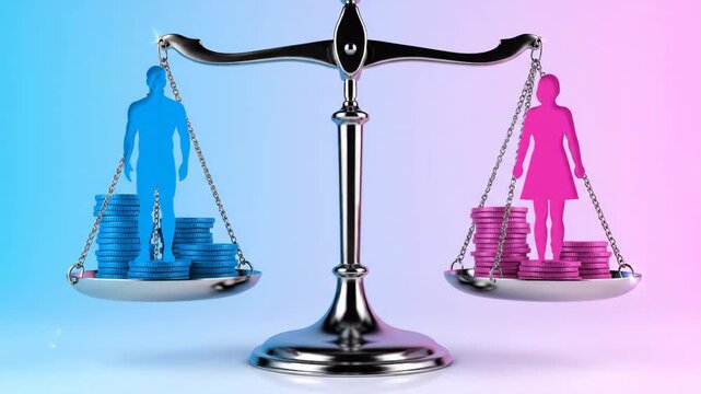 Conceptual gender pay gap illustration showing male and female on scales with stacked coins, highlighting inequality in a pink and blue background. 
