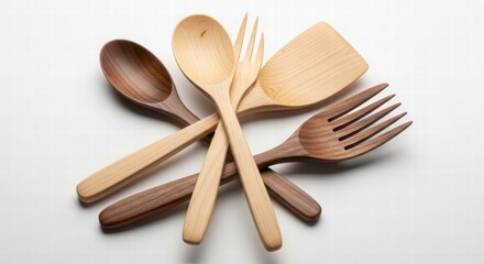 Wooden Culinary Utensils: An array of finely crafted wooden spoons, forks, and spatula in a neat arrangement, showcasing the artistry of kitchen tools. 