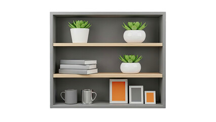 Modern Shelf with Plants, Books, Mugs, and Photo Frames