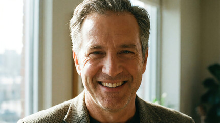 A close-up shot of a man smiling brightly, exuding warmth and positivity. The image focuses on the man's face, highlighting his genuine expression and pleasant demeanor.