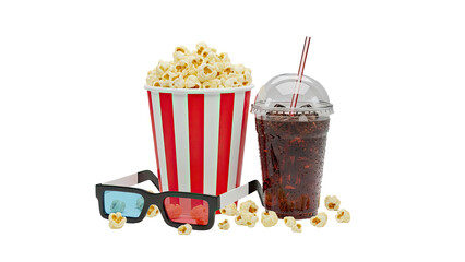 Movie theater popcorn, soda, and 3D glasses on white background