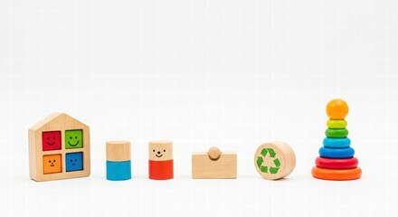 Eco-Friendly Toys: A collection of charming, colorful wooden toys arranged against a plain backdrop, promoting sustainable play and imaginative learning.