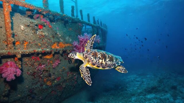 Hawksbill turtle swims past a sunken shipwreck encrusted with colorful corals and small fish
