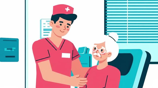 A healthcare professional in a red uniform supporting an elderly patient in a hospital bed, depicted in a 2D animation with a corporate style and vector graphics.