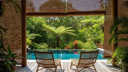 Tropical poolside retreat with wooden chairs.