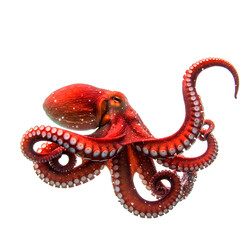 Large red octopus with curled tentacles on white isolated background