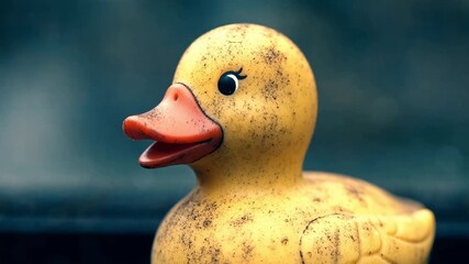 Abandoned yellow rubber duck with orange beak covered in dirt and dark spots standing with neutral mood