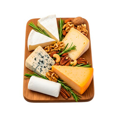 Assorted cheese board with nuts and herbs on wooden platter