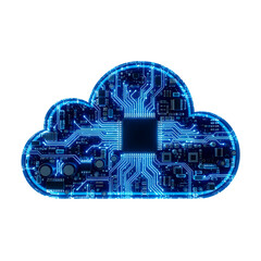 Blue cloud shaped circuit board with glowing neon lines on white background