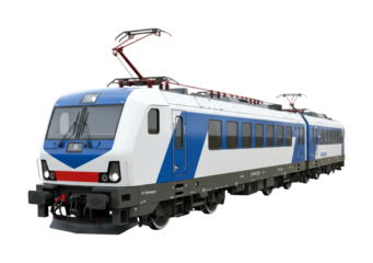 Modern electric passenger train locomotive with advanced pantographs and a sleek blue and white design represents efficient public transportation.