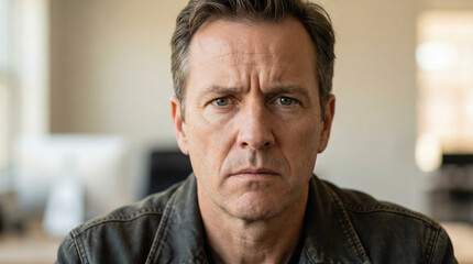 Portrait of a serious middle-aged man with a concerned expression, looking intently at the camera