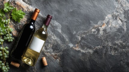 Two wine bottles are placed on a dark stone surface alongside green grape clusters and corks. The setting appears to be a kitchen with natural light.