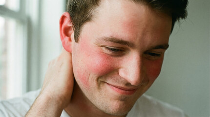 Naklejka premium Close-up shot of a man smiling with a hand touching his neck, capturing a moment of serenity