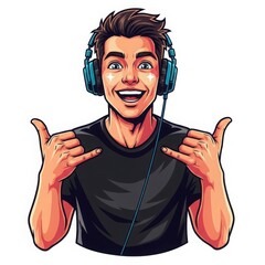 Excited young man wearing headphones making shaka sign isolated on white background