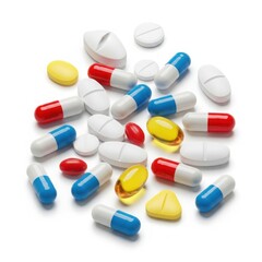 Assorted colorful pills and capsules isolated on white background