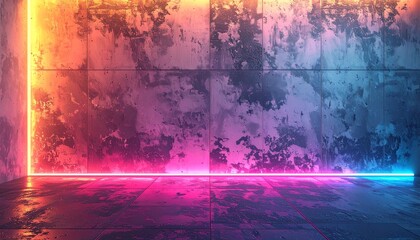 Neon light installation on textured concrete wall