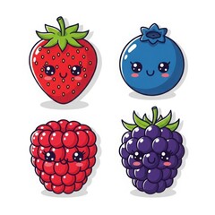 Cute kawaii berries strawberry blueberry raspberry blackberry isolated on white background