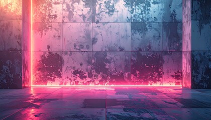 Neon light installation on textured concrete wall