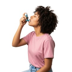 Woman using an asthma inhaler isolated on white background