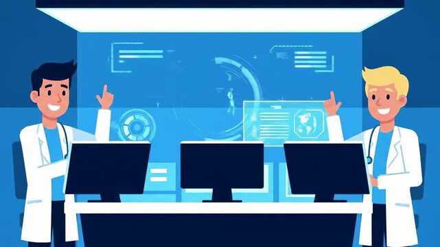 Scientists in lab coats work together in a corporate style office with flat design computer screens and 2D animation elements, footage of collaboration and innovation