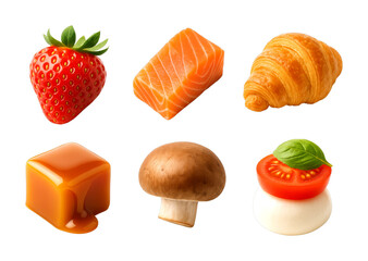 Various fresh food ingredients including strawberry, salmon, croissant, caramel, mushroom, and mozzarella, showcasing a diverse culinary selection.