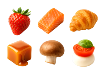 Various fresh food ingredients including strawberry, salmon, croissant, caramel, mushroom, and mozzarella, showcasing a diverse culinary selection.