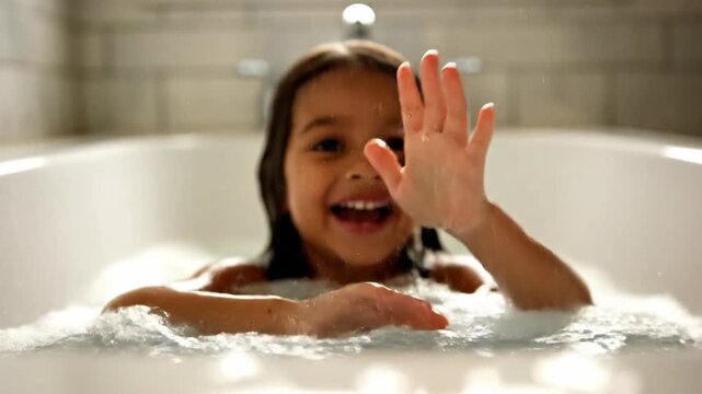 Happy little girl playing in the bathtub with water splashing, enjoying bath time.