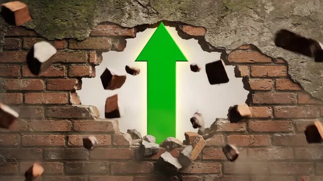 A green arrow powerfully bursts through a weathered brick wall, with golden particles and debris. Symbolizes progress, strength, and breakthrough.