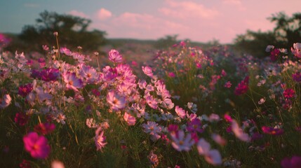Vibrant Field of Blooming Cosmos Flowers Bathed in Soft Morning Light Under a Scenic Sky