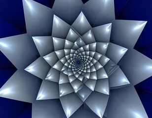 Abstract spiral flower design, light gray petals, dark blue background