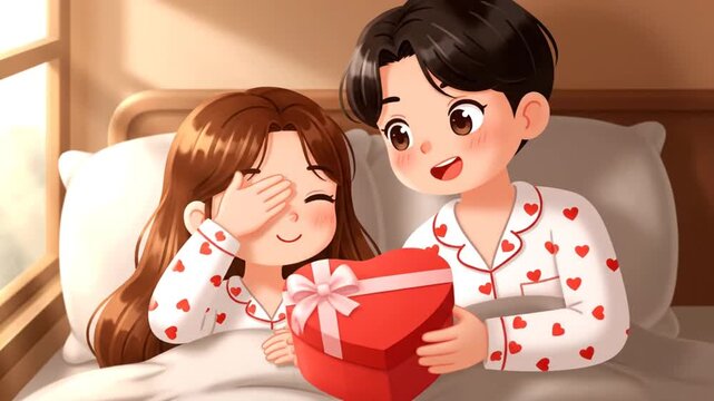 Cute Couple in Heart Print Pajamas Waking Up to Valentine's Day Surprise with Heart-Shaped Gift Box