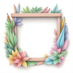 Cute Hand-Drawn Floral Wooden Frame with Color Pencils Illustration