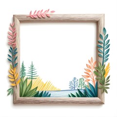 Rustic Wooden Frame with Hand-Drawn Nature and Forest Scenery